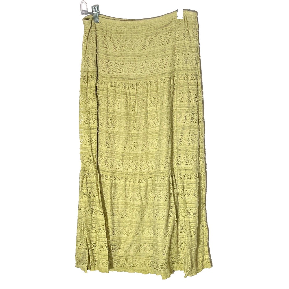 Beige Boho Cottagecore Lace A-Line Midi Skirt Pull On Lined Stretch Small